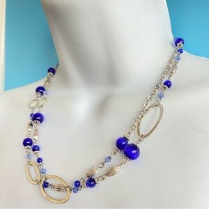 Long Silvertone Necklace With Blue Glass Beads Chain Single Or Doubled Strand